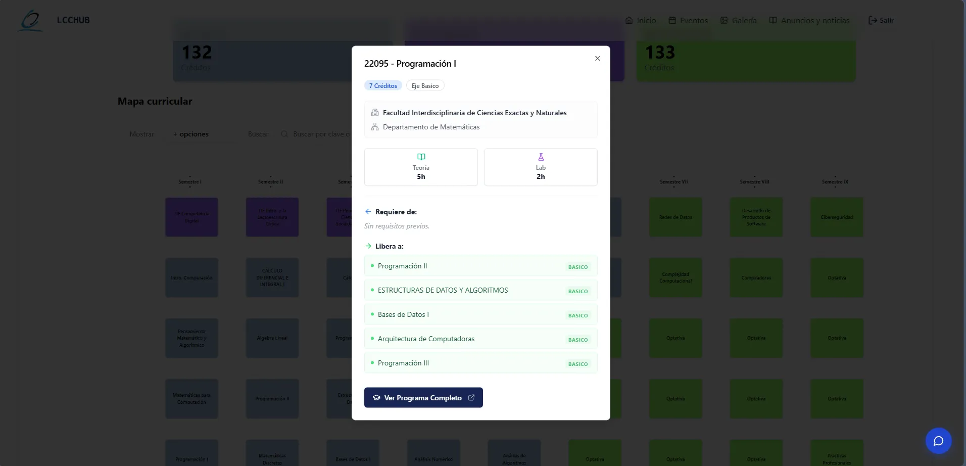 Ventana emergente al dar clic título de una materia