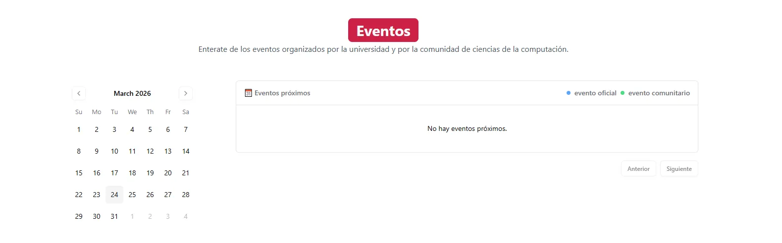 Screenshot de la sección de eventos